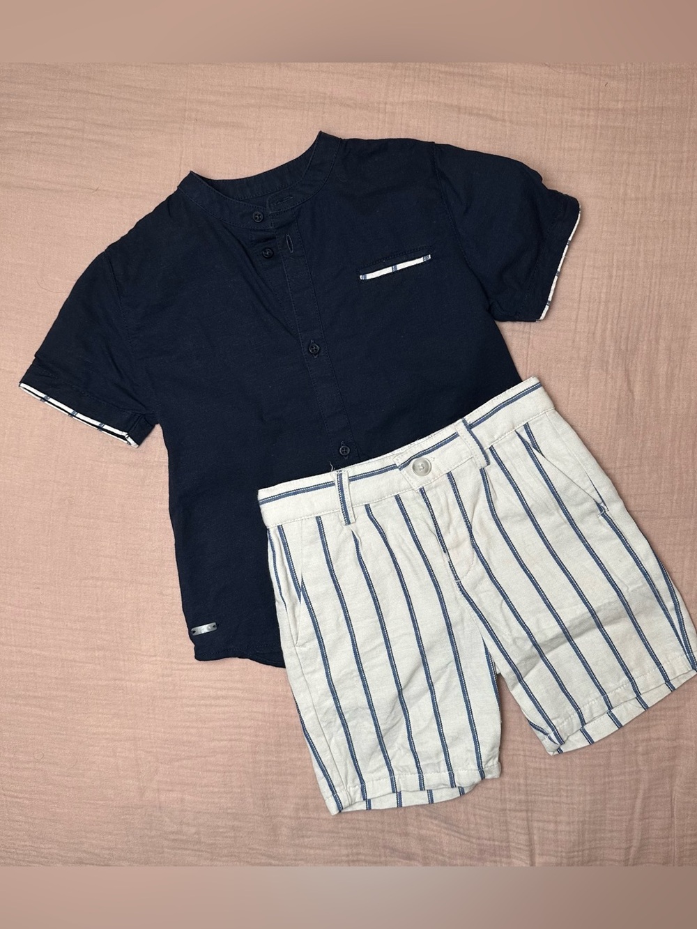 Mayoral Boys  Linen Bermuda Set Navy Shirt Striped Shorts Summer Outfit size 3